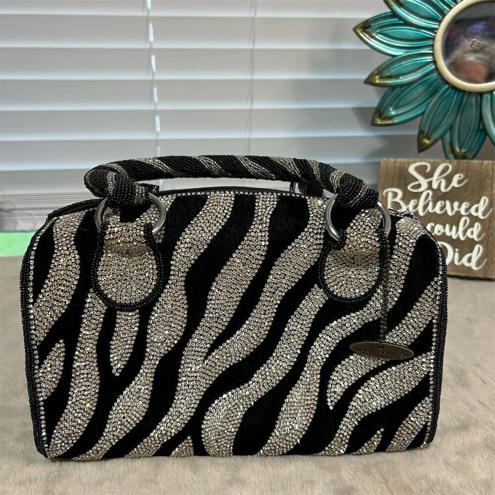 Mary Frances Glam Rock Zebra Print Satchel Rhinestone Accents